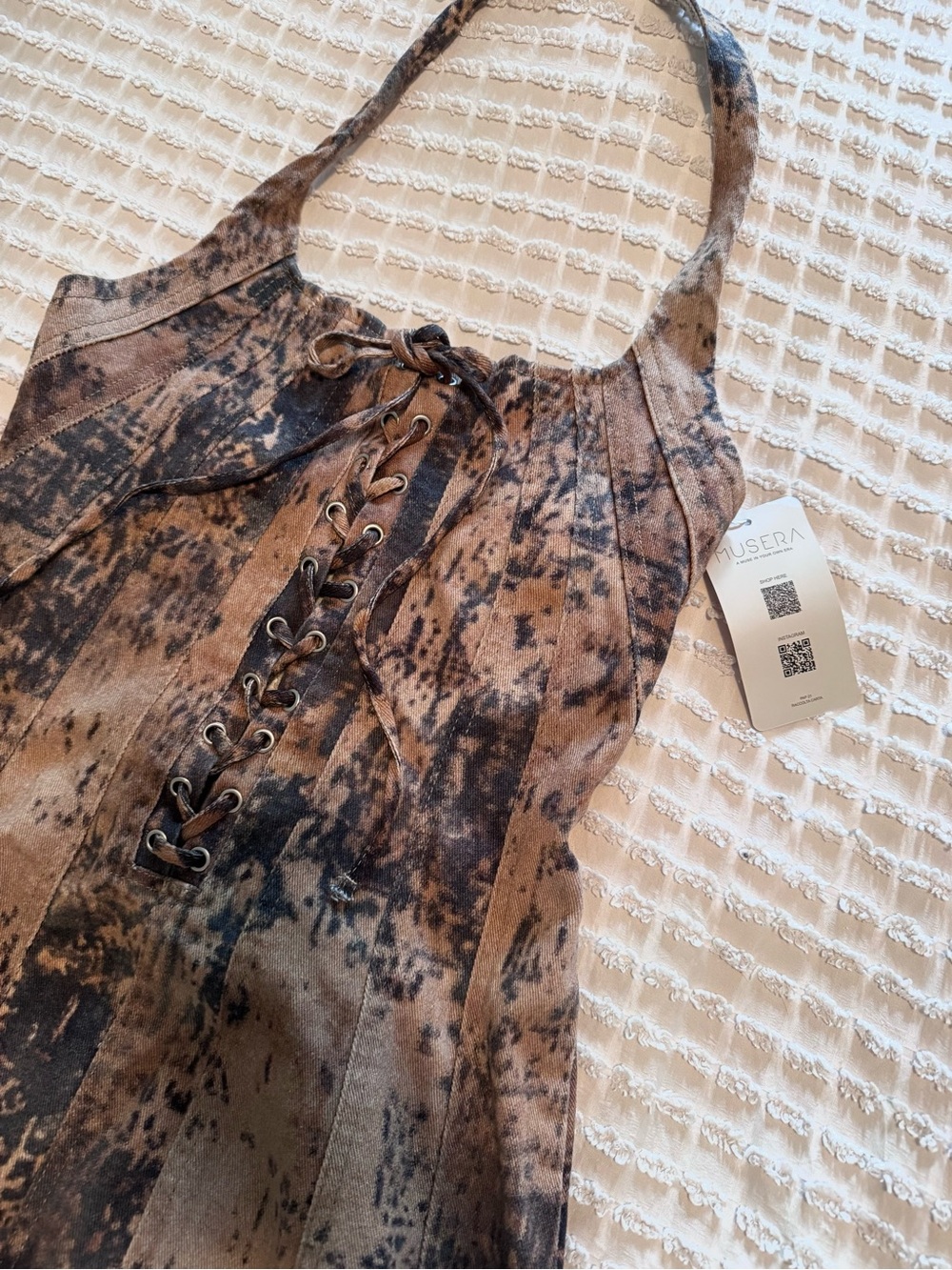 Brown Tie-Dye Lace-Up Halter dress